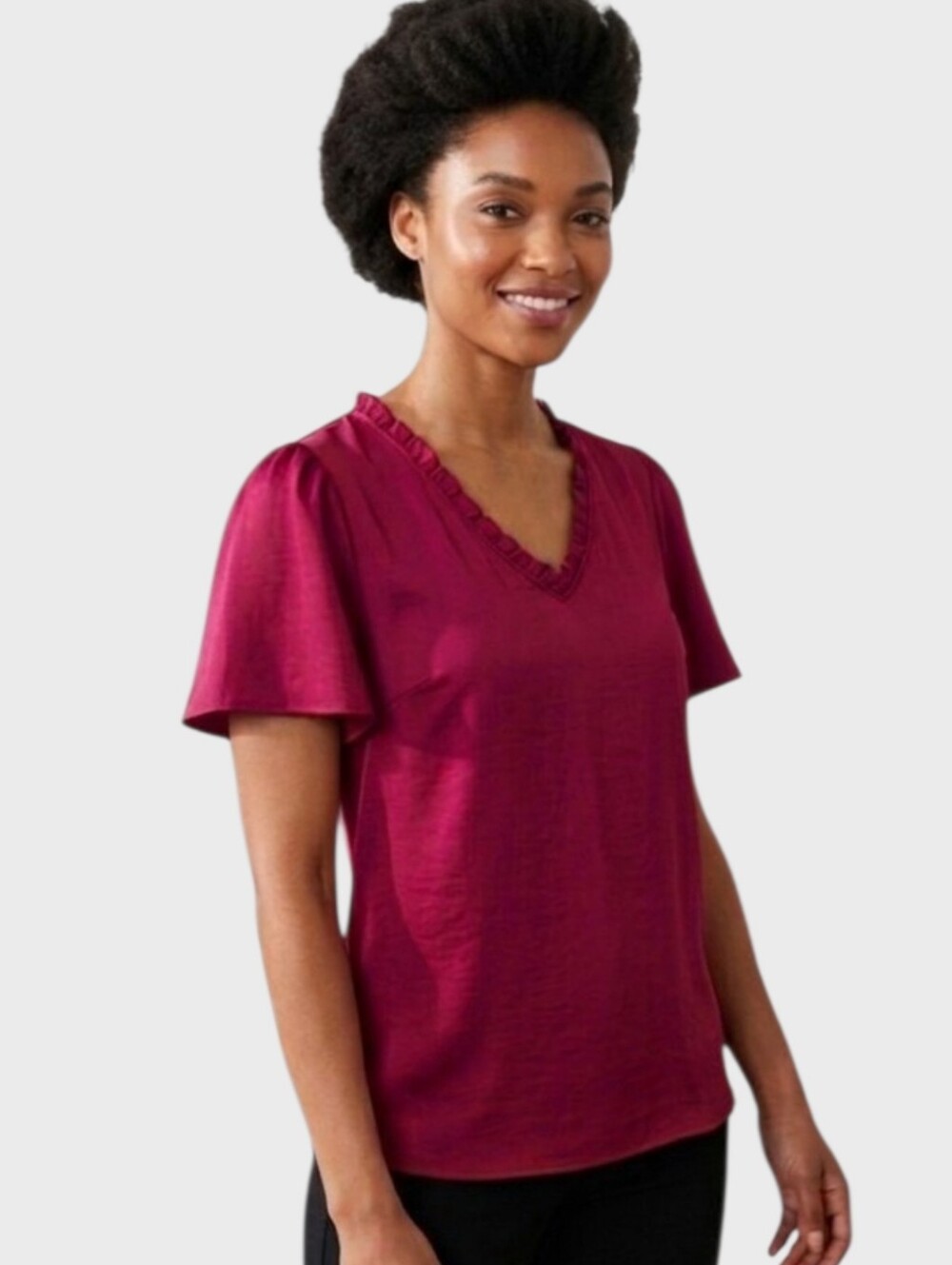 Ann Taylor Ruffle-Trim V-Neck Blouse - Cardinal Red ( Burgundy )